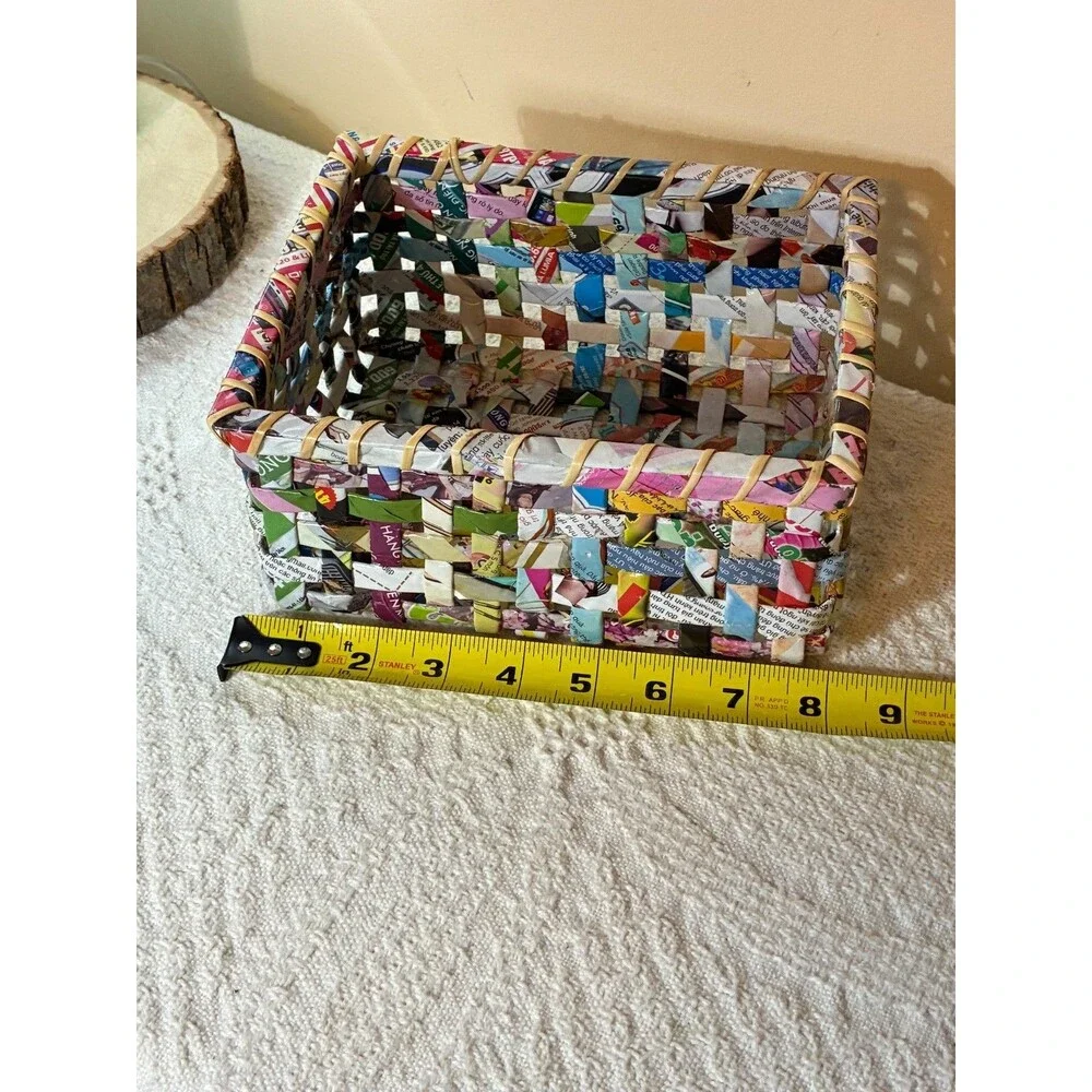 Handwoven Recycled Magazine Paper Basket Colorful Woven Storage Bin Eco Friendly
